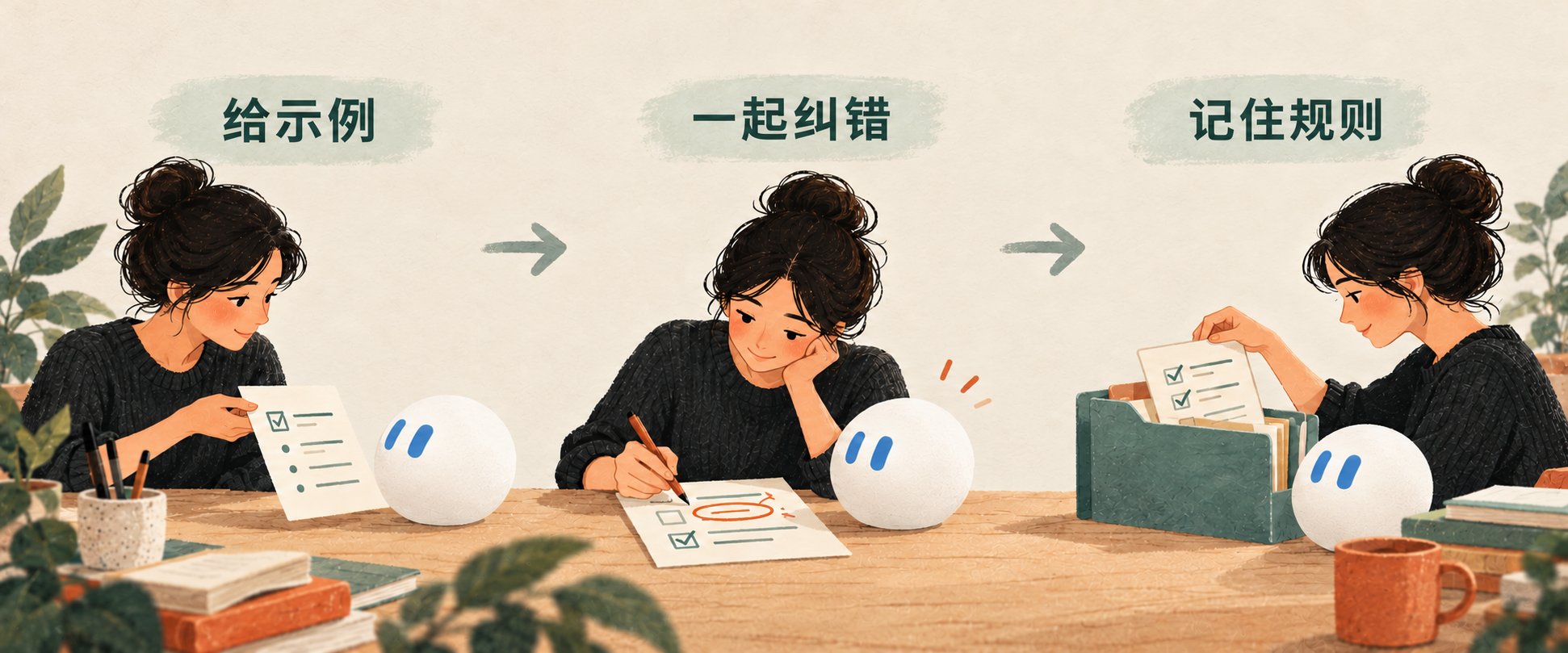 给示例、一起纠错、记住规则